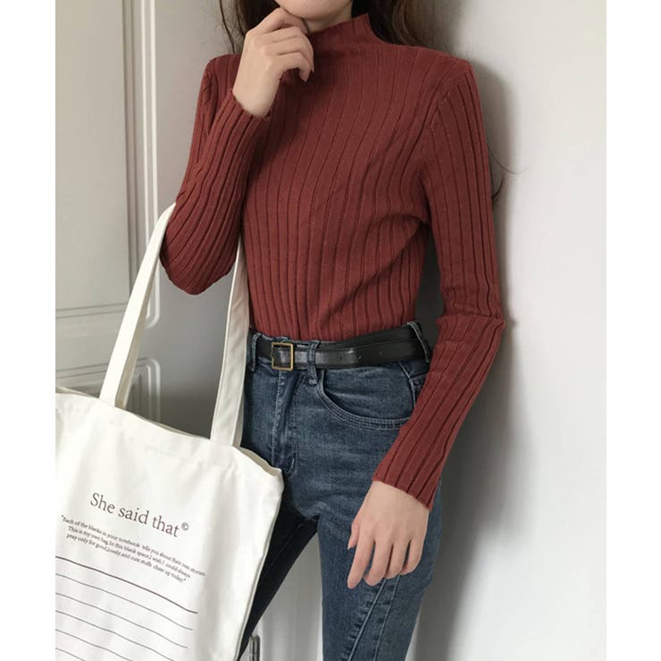 ワイン | 12色選べるシンプルリブニットトップス | SEU