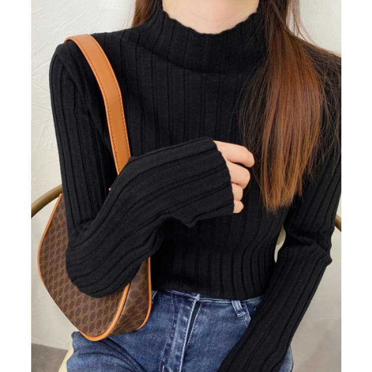 ブラック | 12色選べるシンプルリブニットトップス | SEU