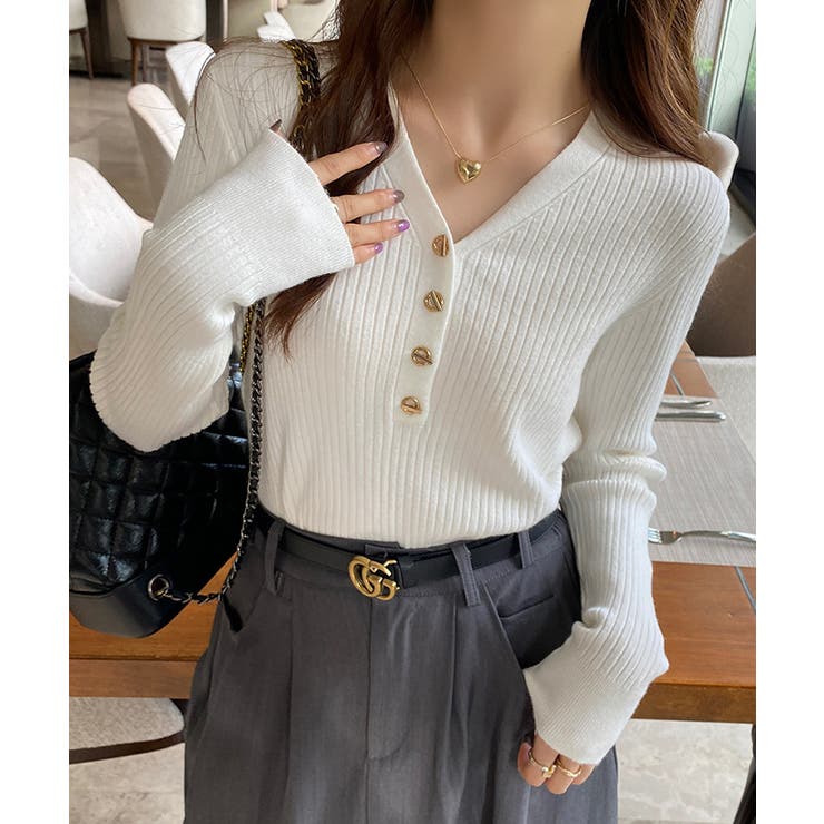 ホワイト | マンテルボタンＶネックリブニットトップス【SHOPLIST限定 新作 春 | SEU