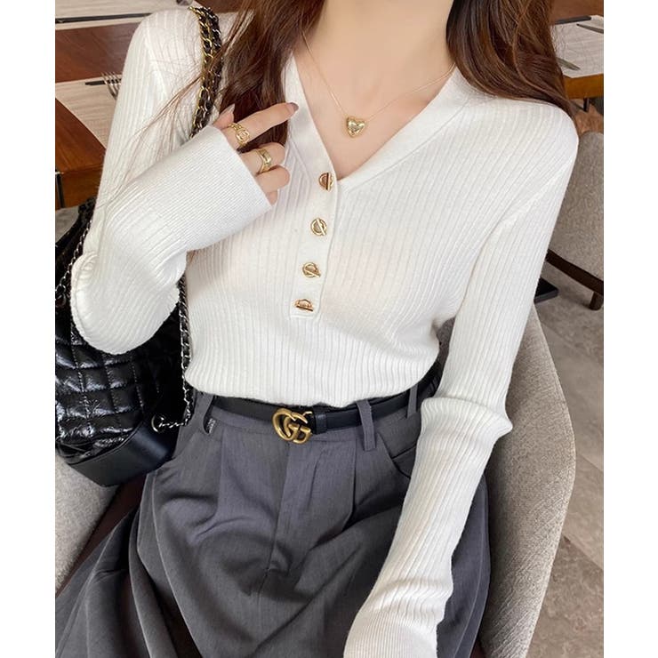 マンテルボタンＶネックリブニットトップス【SHOPLIST限定 新作 春 | SEU | 詳細画像5 