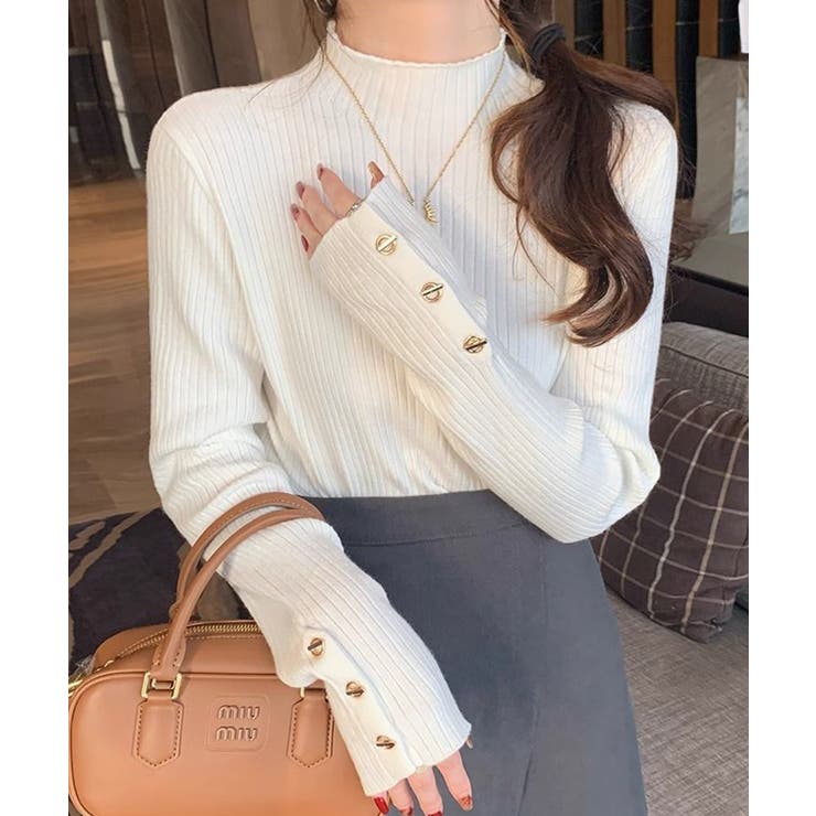 ホワイト | マンテルボタンプチハイネックリブニットトップス【SHOPLIST限定 新作 春 | SEU