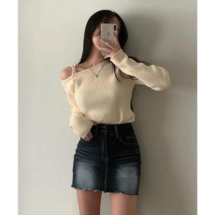 ショルダーリボンニット オフショルダー ニットトップス | SEU | 詳細画像13 