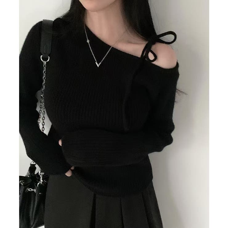 ブラック | ショルダーリボンニット オフショルダー ニットトップス | SEU