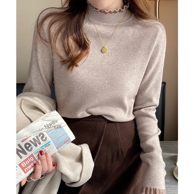 ベージュ | フリル襟ハイネックニットトップス【SHOPLIST限定 新作 春 秋 冬】 | SEU