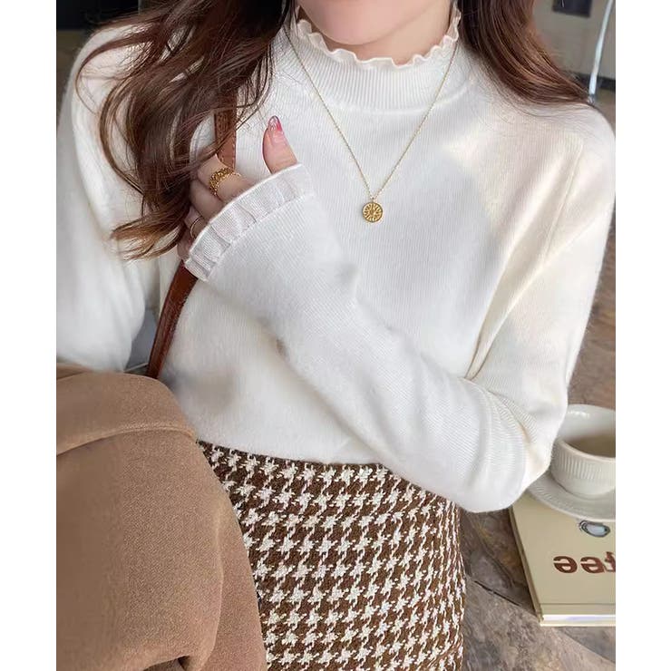 ホワイト | フリル襟ハイネックニットトップス【SHOPLIST限定 新作 春 秋 冬】 | SEU