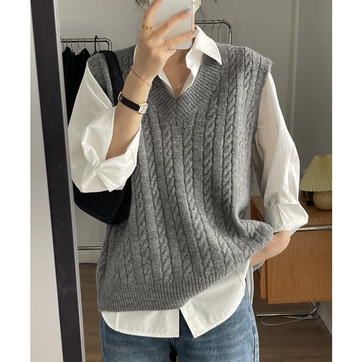 ケーブル編みVネックニットベスト【SHOPLIST限定 新作 春 秋 冬