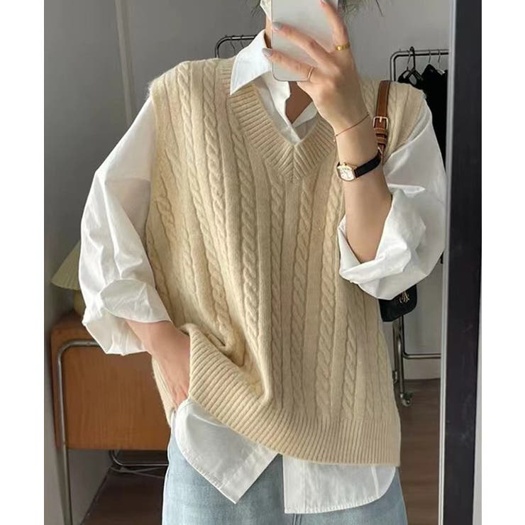 アイボリー | ケーブル編みVネックニットベスト【SHOPLIST限定 新作 春 秋 冬】 | SEU