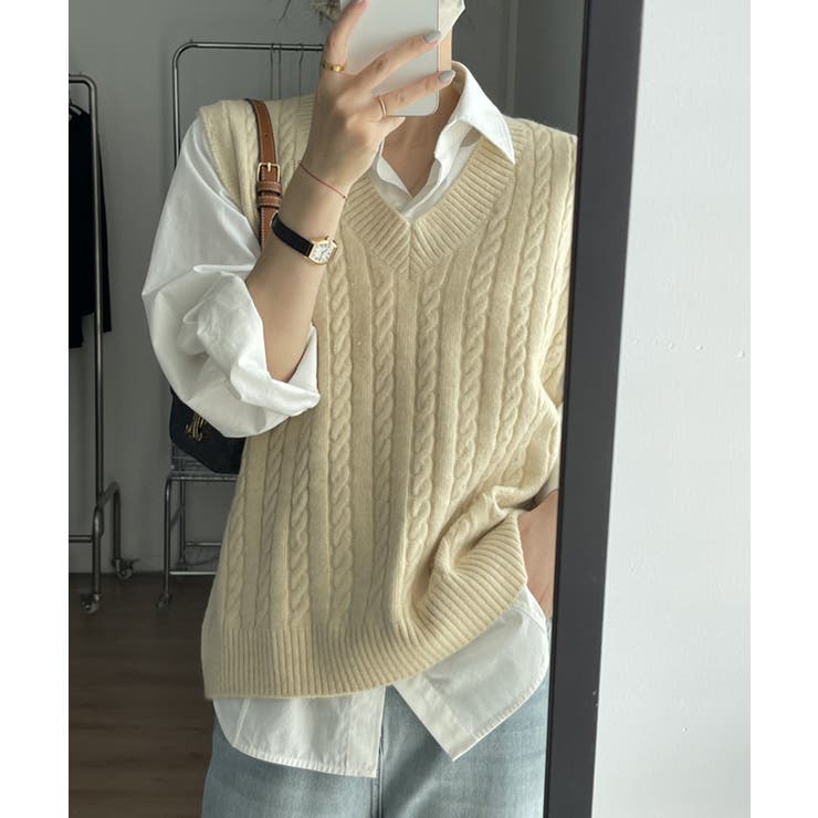 ケーブル編みVネックニットベスト【SHOPLIST限定 新作 春 秋 冬