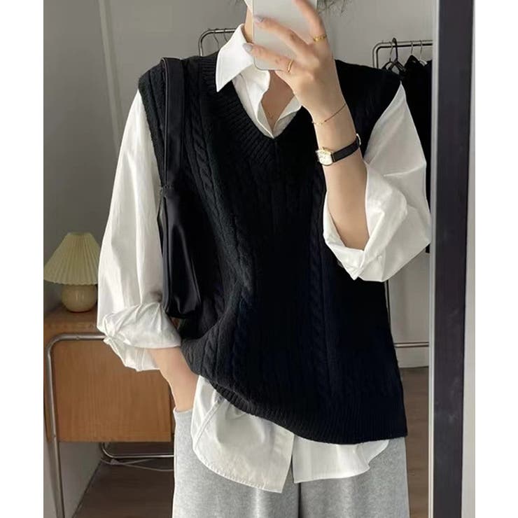 ブラック | ケーブル編みVネックニットベスト【SHOPLIST限定 新作 春 秋 冬】 | SEU