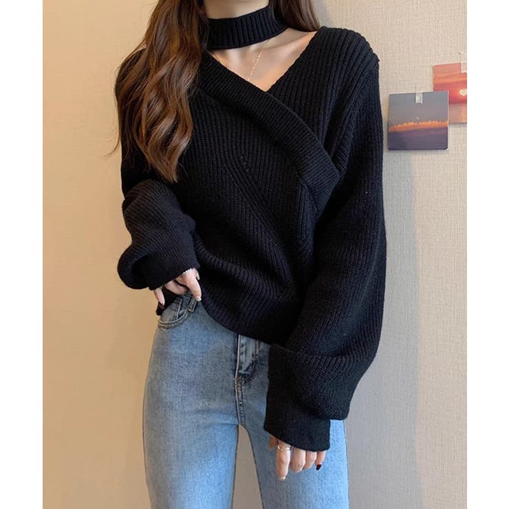 ブラック | チョーカーネックニットプルオーバー【SHOPLIST限定 新作 春 秋 冬】 | SEU