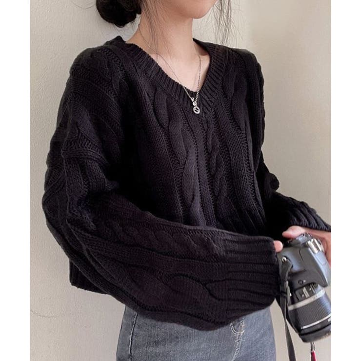 Vネッククロップド丈ケーブルニットトップス【SHOPLIST限定 新作 春
