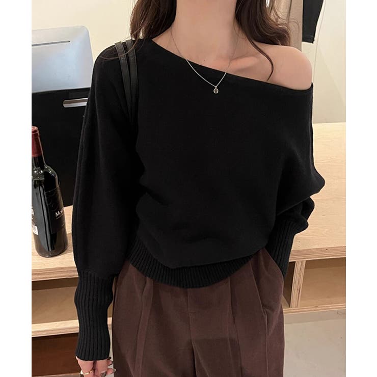 ブラック | ワンショルダー2wayニットトップス【SHOPLIST限定 新作 春 秋 冬】 | SEU