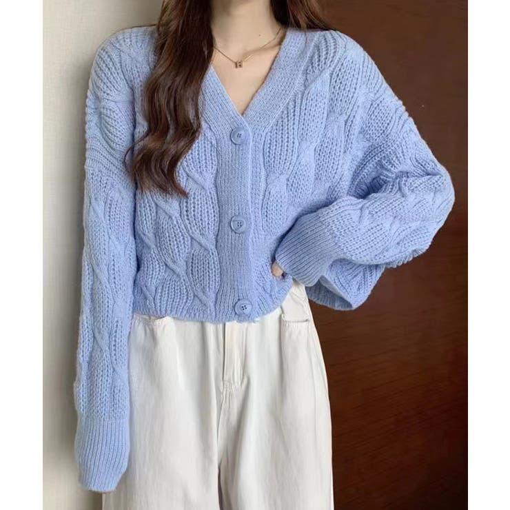 ブルー | ドルマンスリーブケーブル編みニットカーディガン | SEU