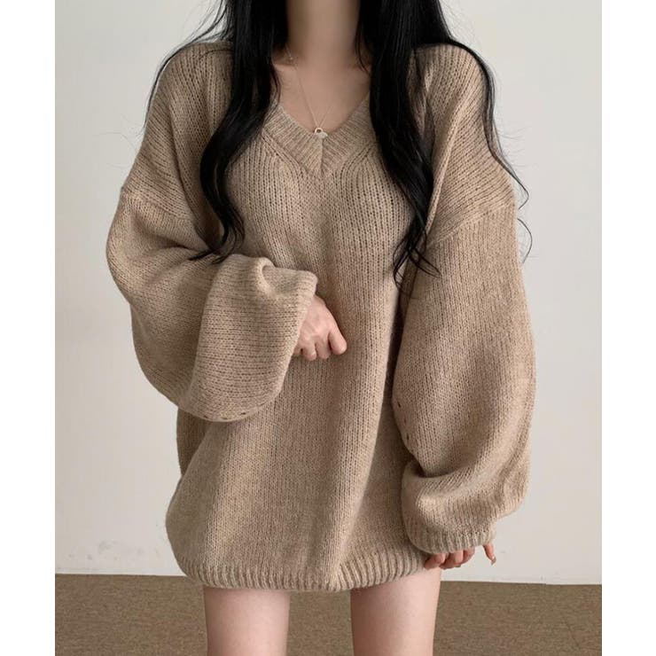 ベージュ | オーバーサイズVネックニットプルオーバー | SEU