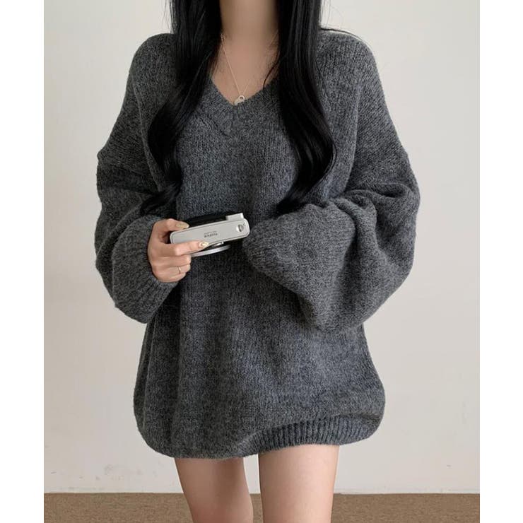 グレー | オーバーサイズVネックニットプルオーバー | SEU