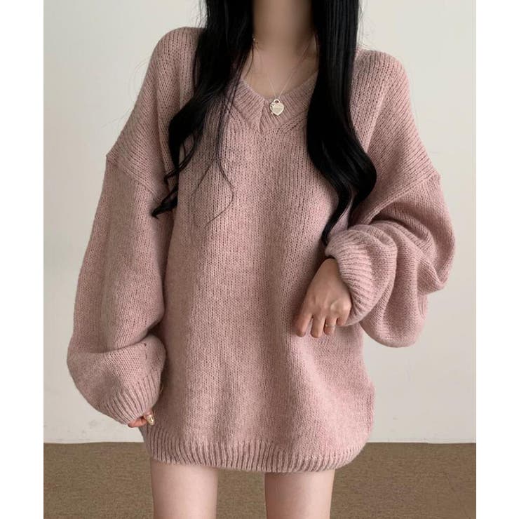 ピンク | オーバーサイズVネックニットプルオーバー | SEU