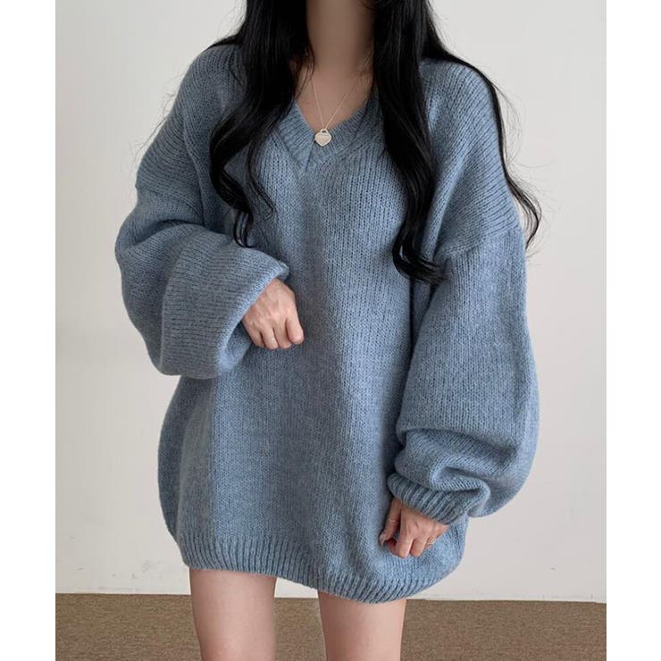 ブルー | オーバーサイズVネックニットプルオーバー | SEU