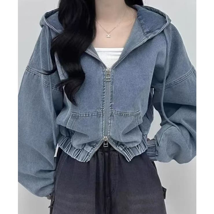 ブルー | デニムフーディショートブルゾン ドロップショルダージップパーカー | SEU