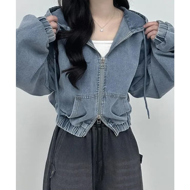 デニムフーディショートブルゾン ドロップショルダージップパーカー | SEU | 詳細画像11 