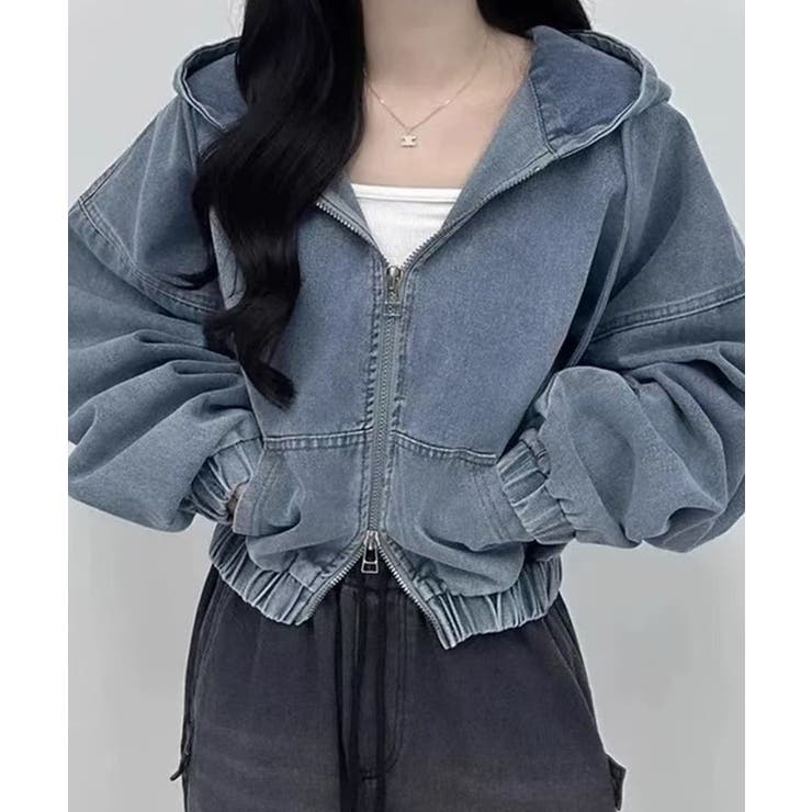 デニムフーディショートブルゾン ドロップショルダージップパーカー | SEU | 詳細画像12 