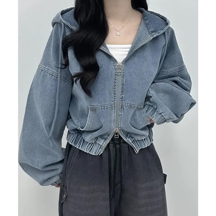 デニムフーディショートブルゾン ドロップショルダージップパーカー | SEU | 詳細画像3 