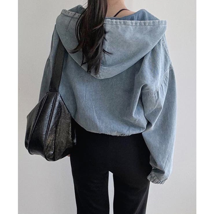 デニムフーディショートブルゾン ドロップショルダージップパーカー | SEU | 詳細画像15 