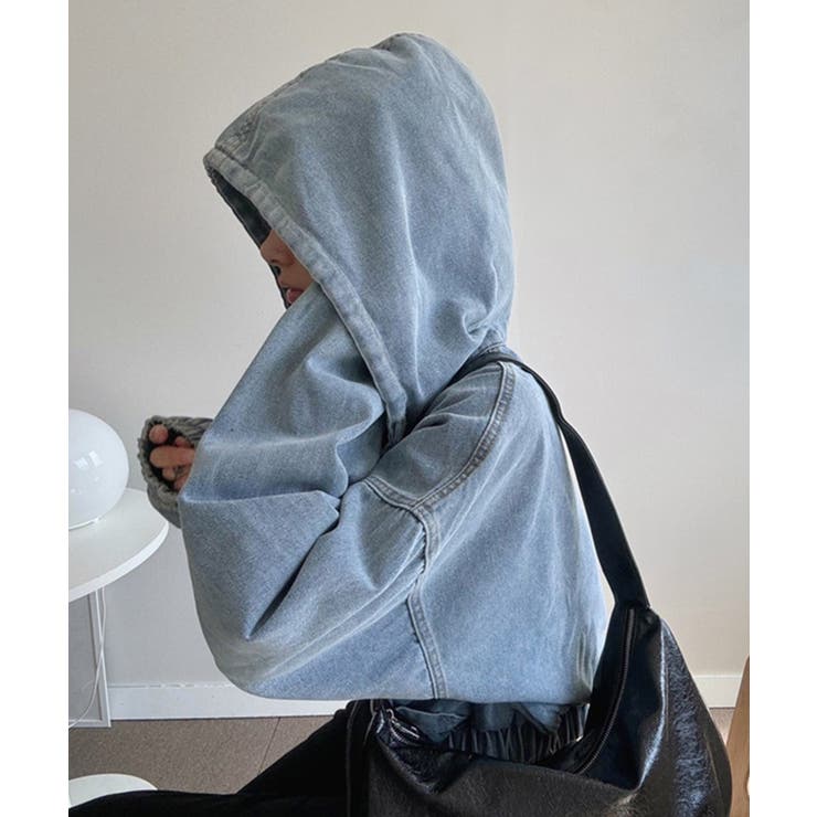 デニムフーディショートブルゾン ドロップショルダージップパーカー | SEU | 詳細画像16 