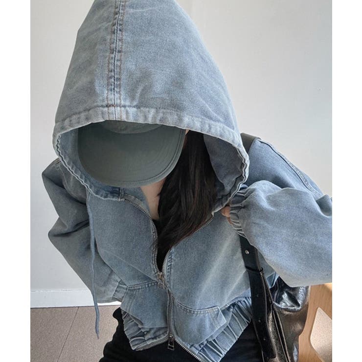 デニムフーディショートブルゾン ドロップショルダージップパーカー | SEU | 詳細画像17 