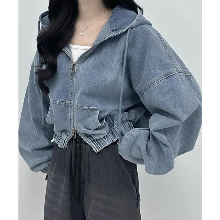 デニムフーディショートブルゾン ドロップショルダージップパーカー | SEU | 詳細画像4 