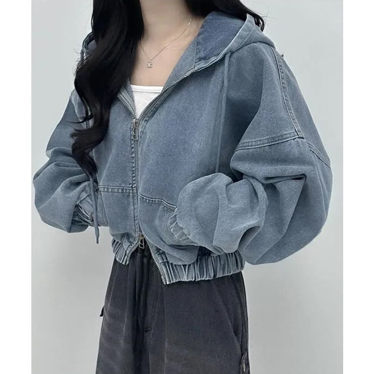 デニムフーディショートブルゾン ドロップショルダージップパーカー | SEU | 詳細画像6 