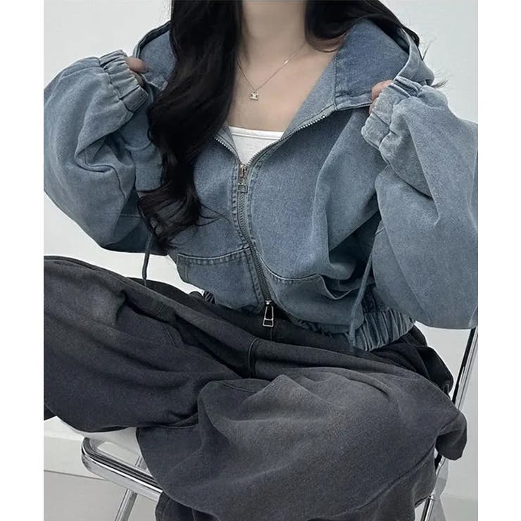 デニムフーディショートブルゾン ドロップショルダージップパーカー | SEU | 詳細画像8 