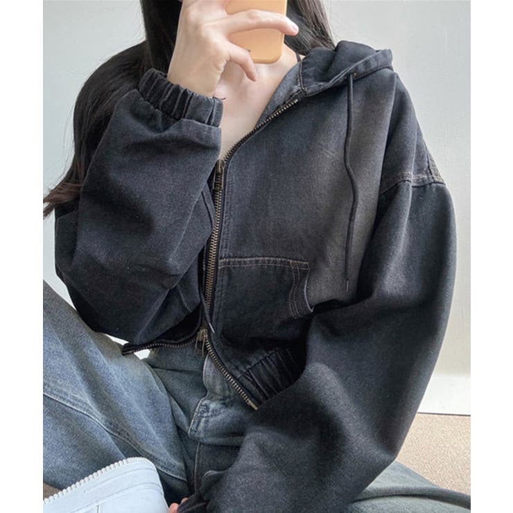 デニムフーディショートブルゾン ドロップショルダージップパーカー | SEU | 詳細画像25 