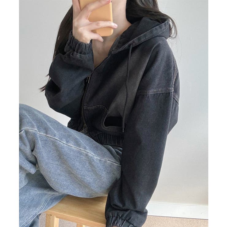 デニムフーディショートブルゾン ドロップショルダージップパーカー | SEU | 詳細画像26 