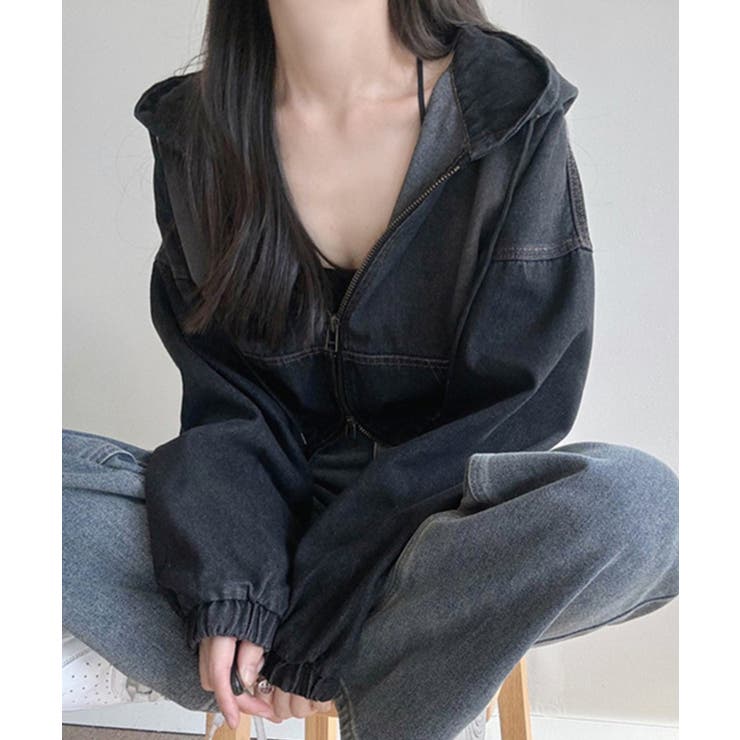 デニムフーディショートブルゾン ドロップショルダージップパーカー | SEU | 詳細画像28 