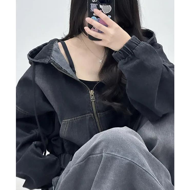 デニムフーディショートブルゾン ドロップショルダージップパーカー | SEU | 詳細画像29 