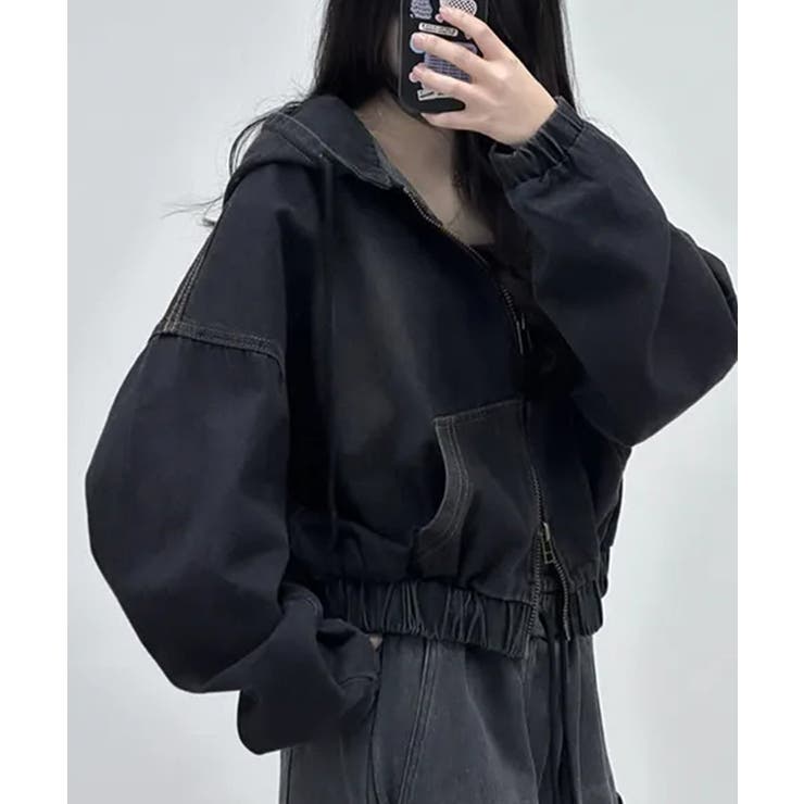 デニムフーディショートブルゾン ドロップショルダージップパーカー | SEU | 詳細画像31 