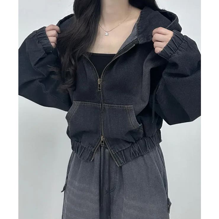 デニムフーディショートブルゾン ドロップショルダージップパーカー | SEU | 詳細画像32 