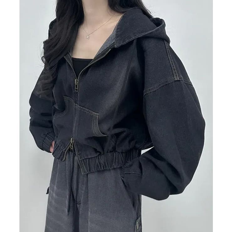 デニムフーディショートブルゾン ドロップショルダージップパーカー | SEU | 詳細画像19 