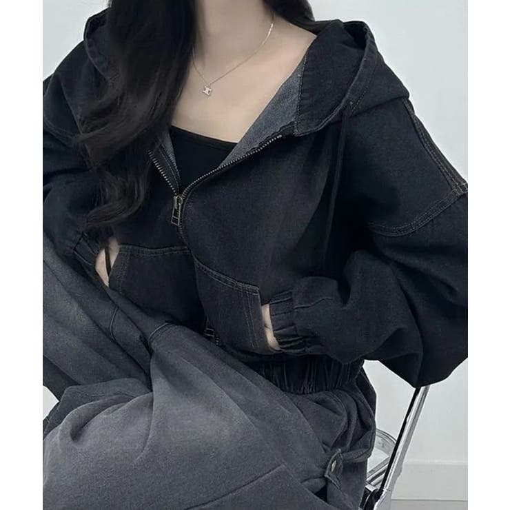 デニムフーディショートブルゾン ドロップショルダージップパーカー | SEU | 詳細画像22 