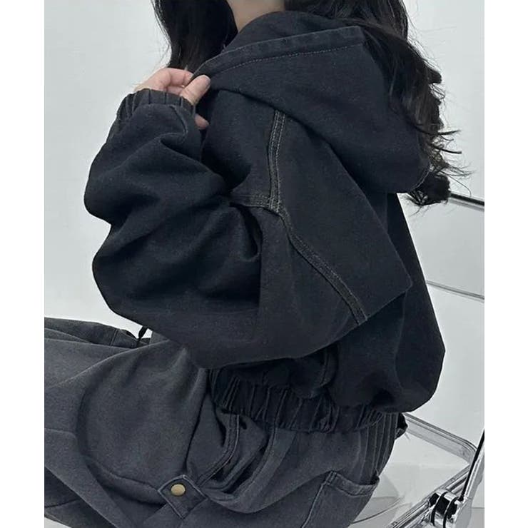 デニムフーディショートブルゾン ドロップショルダージップパーカー | SEU | 詳細画像23 