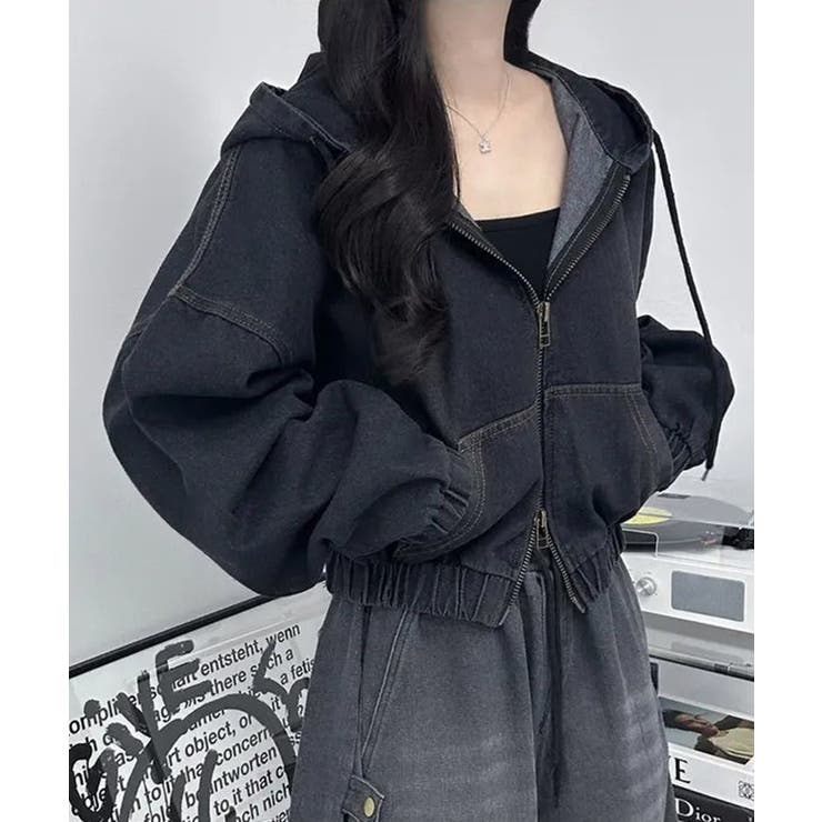 デニムフーディショートブルゾン ドロップショルダージップパーカー | SEU | 詳細画像24 