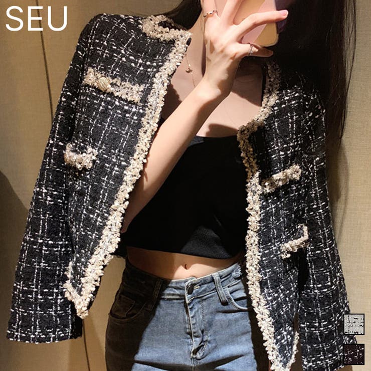 フリンジトリムノーカラーツイードジャケット 着流し風デザイン | SEU | 詳細画像1 