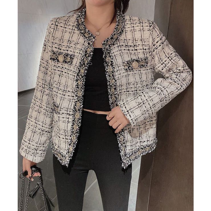 ホワイト | フリンジトリムノーカラーツイードジャケット 着流し風デザイン | SEU