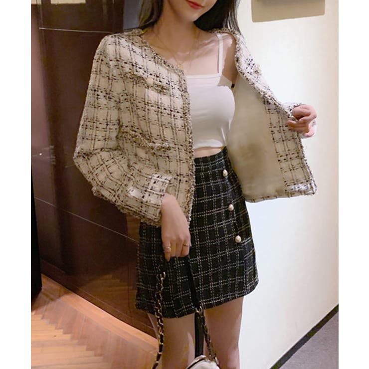 フリンジトリムノーカラーツイードジャケット 着流し風デザイン | SEU | 詳細画像12 