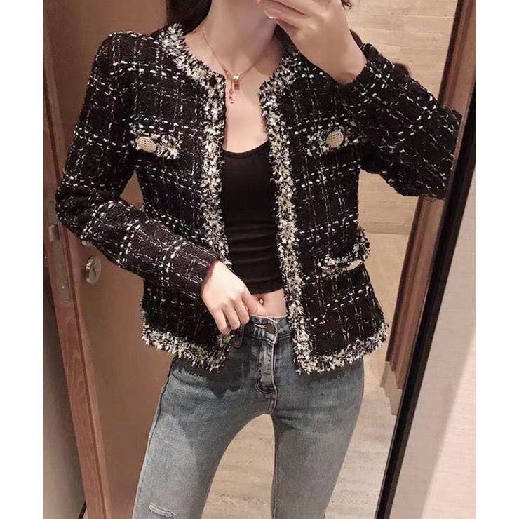 フリンジトリムノーカラーツイードジャケット 着流し風デザイン | SEU | 詳細画像22 