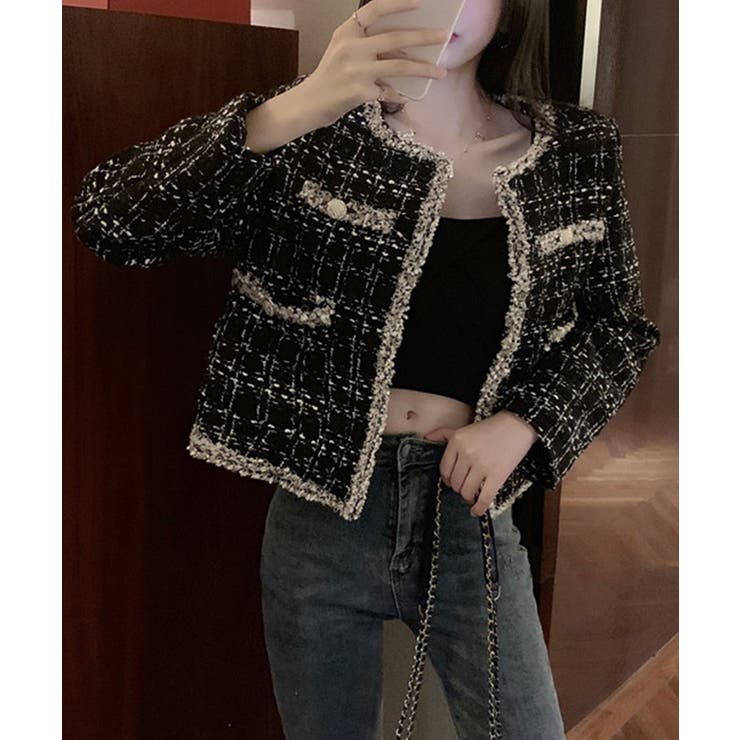 フリンジトリムノーカラーツイードジャケット 着流し風デザイン | SEU | 詳細画像30 