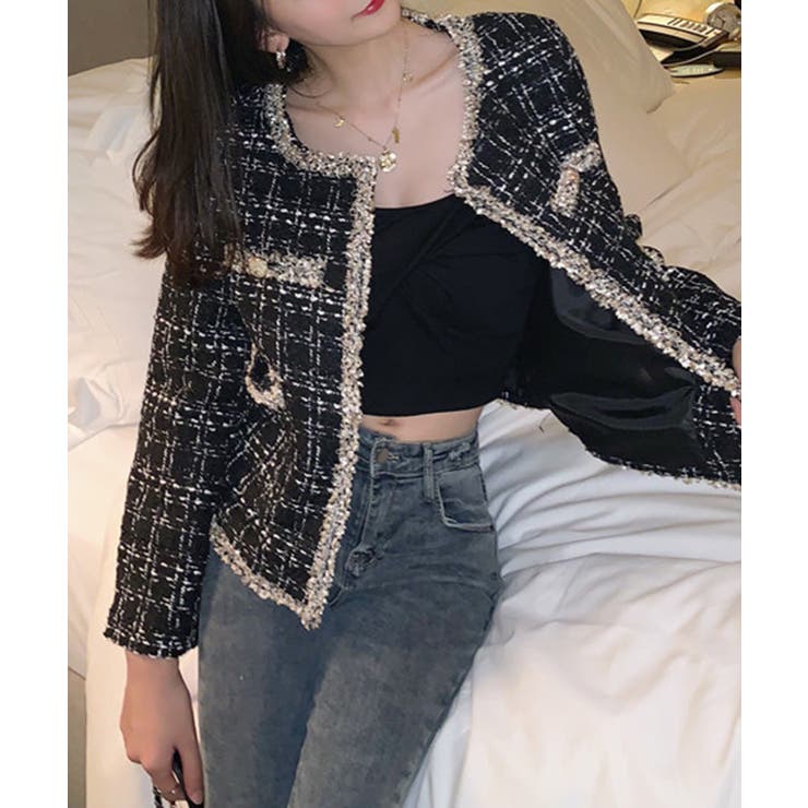 フリンジトリムノーカラーツイードジャケット 着流し風デザイン | SEU | 詳細画像31 