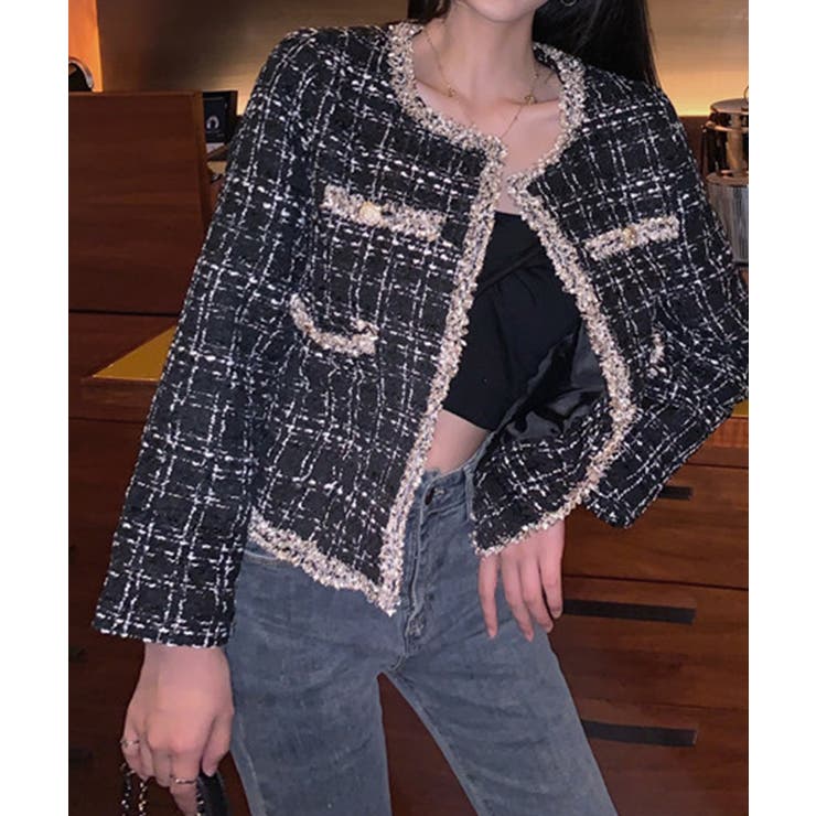 フリンジトリムノーカラーツイードジャケット 着流し風デザイン | SEU | 詳細画像32 