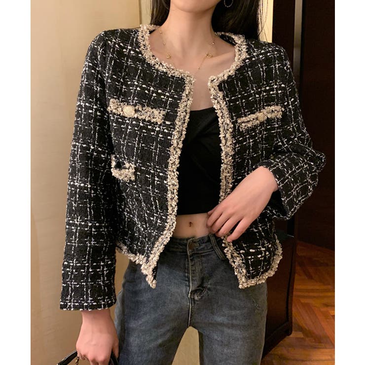 フリンジトリムノーカラーツイードジャケット 着流し風デザイン | SEU | 詳細画像19 