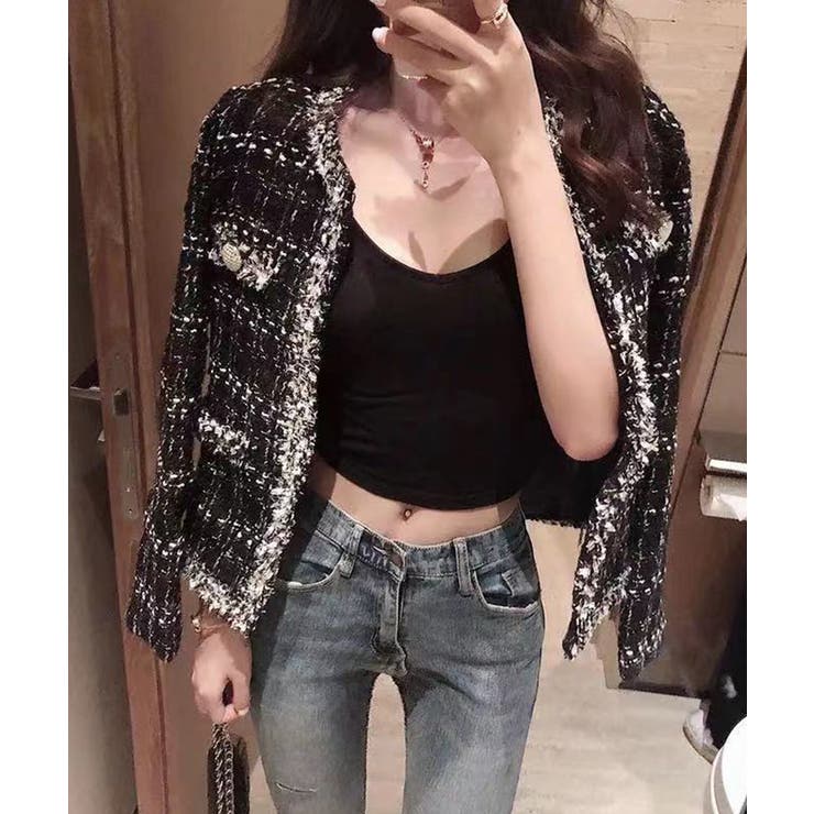 ブラック | フリンジトリムノーカラーツイードジャケット 着流し風デザイン | SEU